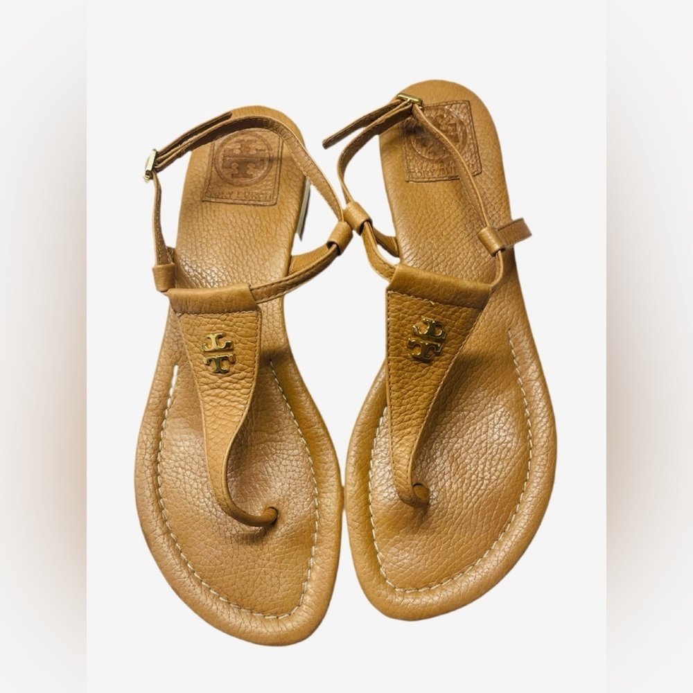 Tory Burch Tan Leather T-Strap Sandals Gold Logo Size 8.5